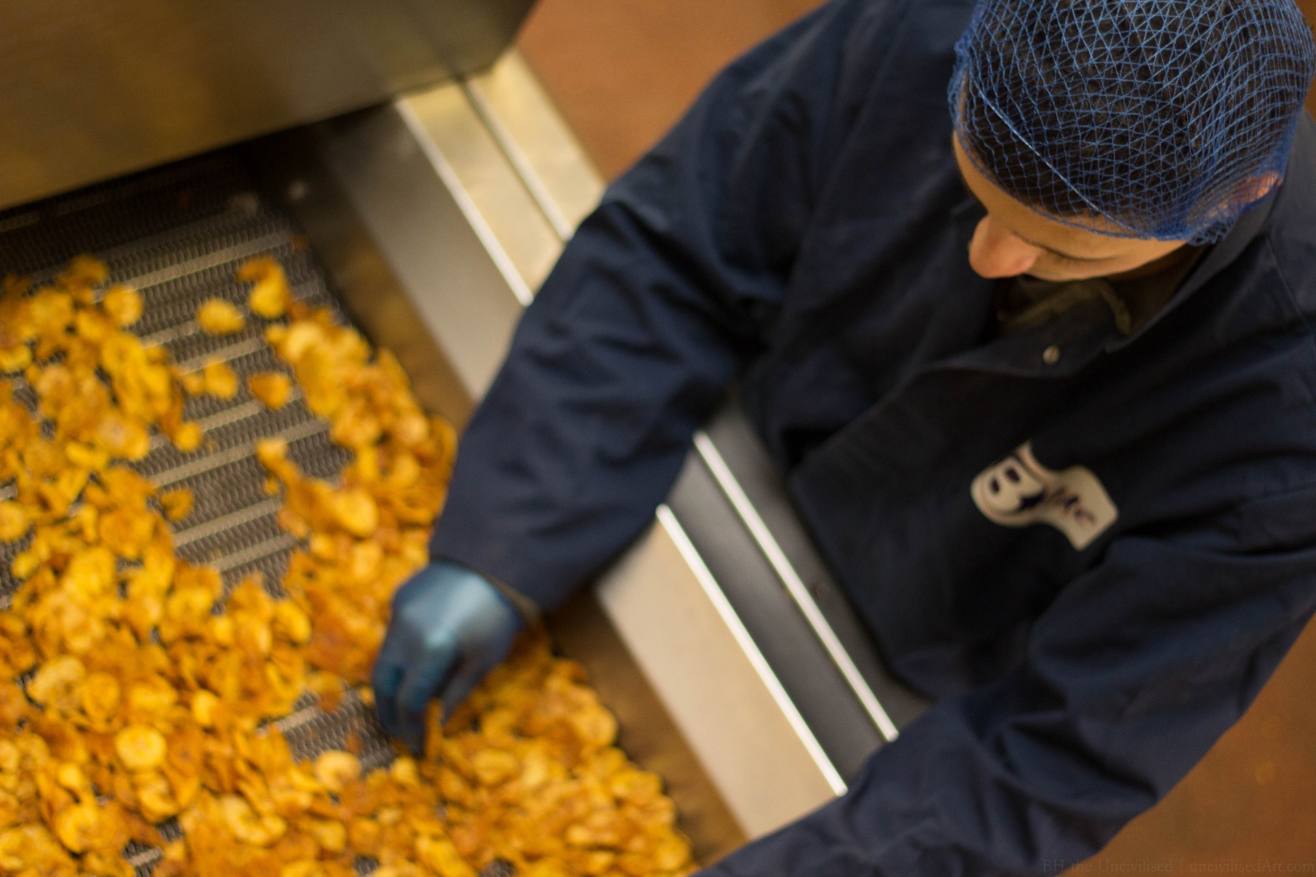Hand-inspecting plantain crisps on the production line